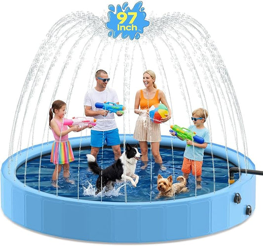 97'' Dog Pool with Sprinkler, Foldable Dog Pools for Large Dogs, 2-in-1 Non-Slip Swimming Pool for Dogs & Kids, Heavy Duty Hard Plastic Pet Bathing Tub for Outdoor Backyard, Blue
