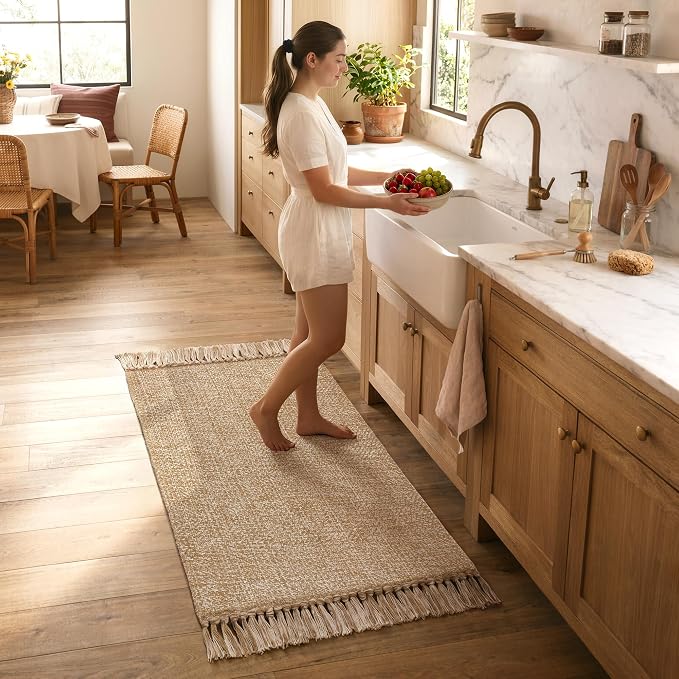2' x 4.3' Indoor Outdoor Rug, Modern Farmhouse Kitchen Runner Rugs | Boho Hand-Woven Bathroom Mat, Soft Washable Front Door Mats, Low Profile Entry Rug for Laundry Bedroom Porch Decor, Tan/Cream