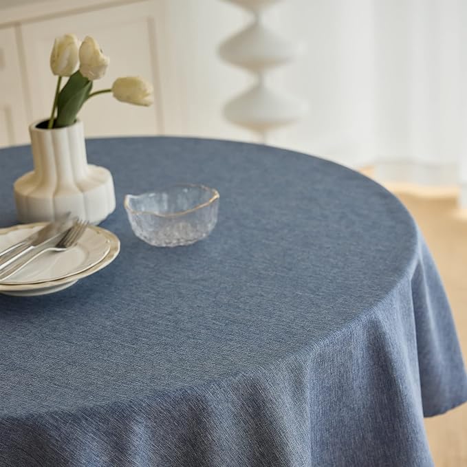 Decorelia Waterproof Faux Linen Rustic Farmhouse Table Cloth for Round Table, Texture Wrinkle-free Outdoor Table Cover for Party, Wedding, Picnics, Patio Table (60 Inch, Round (2-4 Seats), Denim Blue)