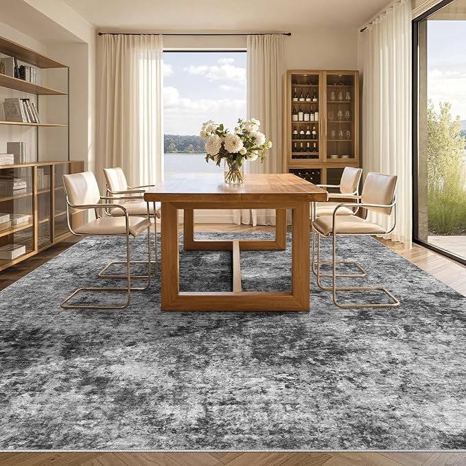 Tortania Washable 9x12 Area Rug for Living Room: Modern Abstract Neutral Large Soft Thin Rugs - Non Slip Indoor Carpet for Bedroom Dining Room Office Nursery Home Floor Decoration - Charcoal Grey