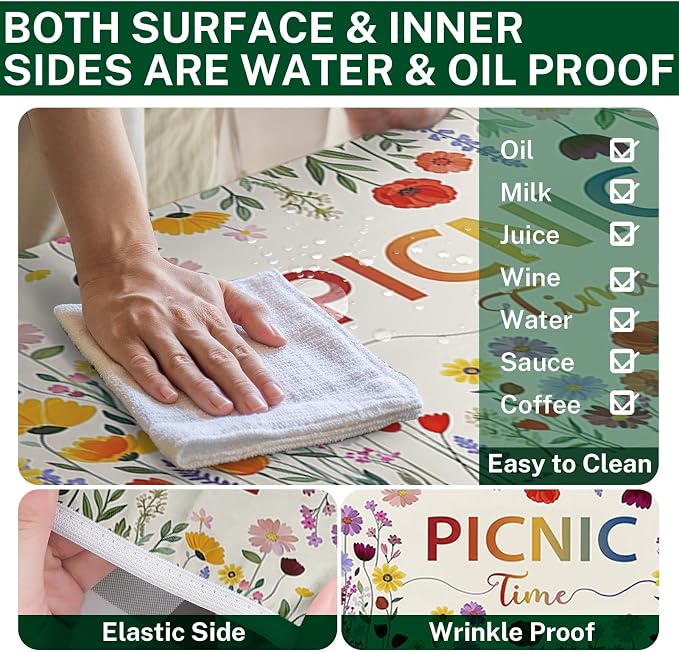Picnic Table Cover with Bench Covers Elastic Edges, Wildflower Boho Camper Fitted Table Cover, Outdoor Camping Essentials 72 Inch 3PCS, Waterproof Camping Fitted Tablecloth with Drawstring Bag