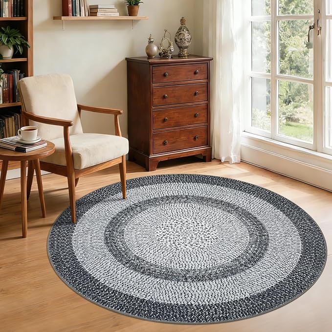 RUGSREAL Modern Bordered Round Area Rug 4ft Washable Bedroom Circle Rugs | Non Slip Stain Resistant Dining Room Round Throw Carpet Contemporary Circle Mats for Living Room Kitchen Nursery, Grey