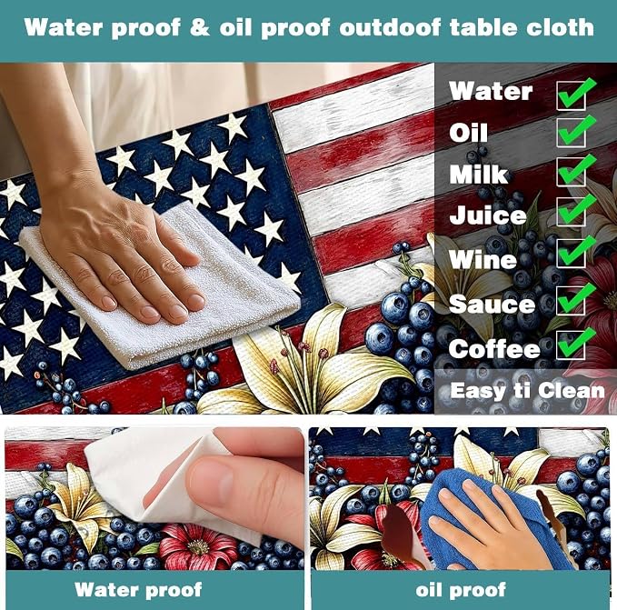 American Flag Fitted Picnic Table Cover with Bench Covers Waterproof Elastic Edges Rectangle Patio Tablecloth Outdoor Camping Rv Accessories Summer Trip Travel Supplies Party Camper Gifts, 8 ft