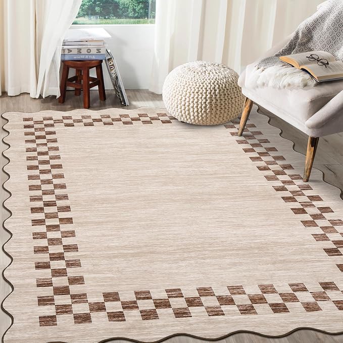 GarveeHome 8x10 Rug for Living Room Scalloped Washable Large Bedroom Rug | Non Slip Stain Resistant Modern Border Dining Room Throw Carpet Scalloped Rugs for Home Decor Office Nursery, Beige