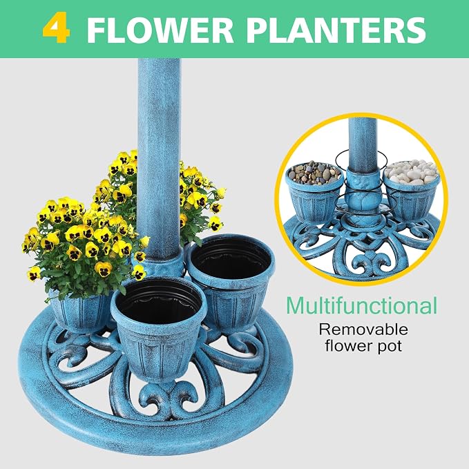 Bird Bath for Outside with 4 Removable Flower Planters 28in Polyresin Lightweight Vintage Birdbath for Outdoors Stake Standing Bowl and Water Feeder Yard Garden Decor Blue