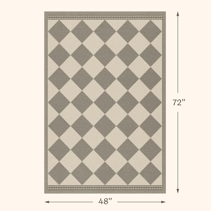 Diamond Corner Easy Jute Rug 4x6, Large Checkered Farmhouse Indoor Outdoor Patio Carpet for Backyard, Porch Decor, Low Profile Washable Non Slip Light Gray Area Rug for Living Room, Bedroom, Entryway