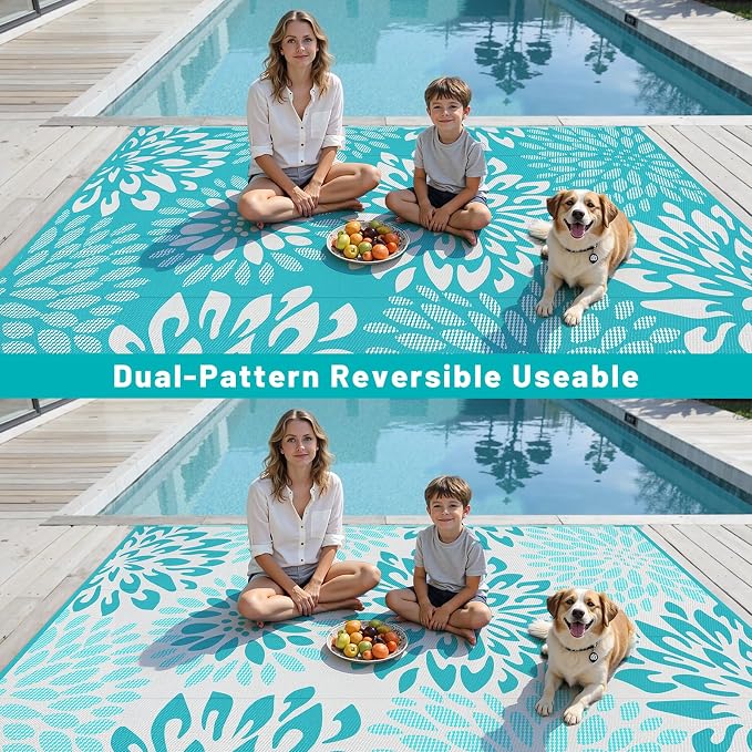 HEBE Waterproof Outdoor Rug 9x12 for Patios, Floral Reversible Plastic Straw Rug Patio Mat, Indoor Outdoor Carpet RV Mat Camping Rug for Deck, Camper, Porch, Balcony, Backyard, Picnic