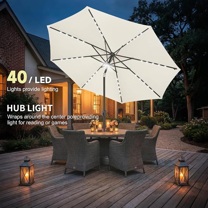 10FT Solar Umbrella Outdoor - Lighted Solar Patio Umbrella with 40 LED Lights Waterproof UV Protection, Table Umbrella with Tilt for Pool, Porch, Garden, Deck, Backyard (Ivory)