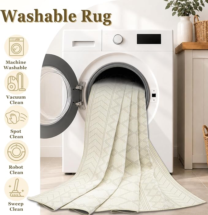 5x7 Area Rug For Living Room, Washable Beige Rugs Non Slip Low Pile | Neutral Large Soft Rug，Modern Geometric Carpet For Bedroom Dining Room Home Office Decor rug