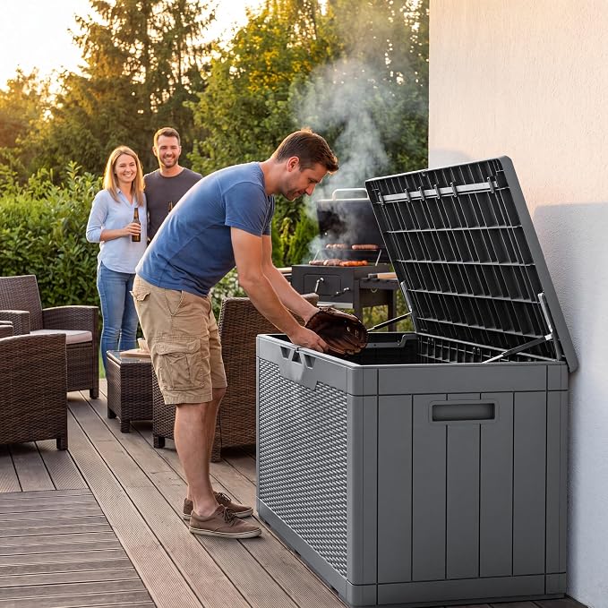 Flamaker Outdoor Storage Box 100 Gallon Waterproof Resin Deck Box Delivery Box with Air Rod Indoor Outdoor Lockable Storage Bench for Patio Cushions, Tools, Pool Accessories (Gray)