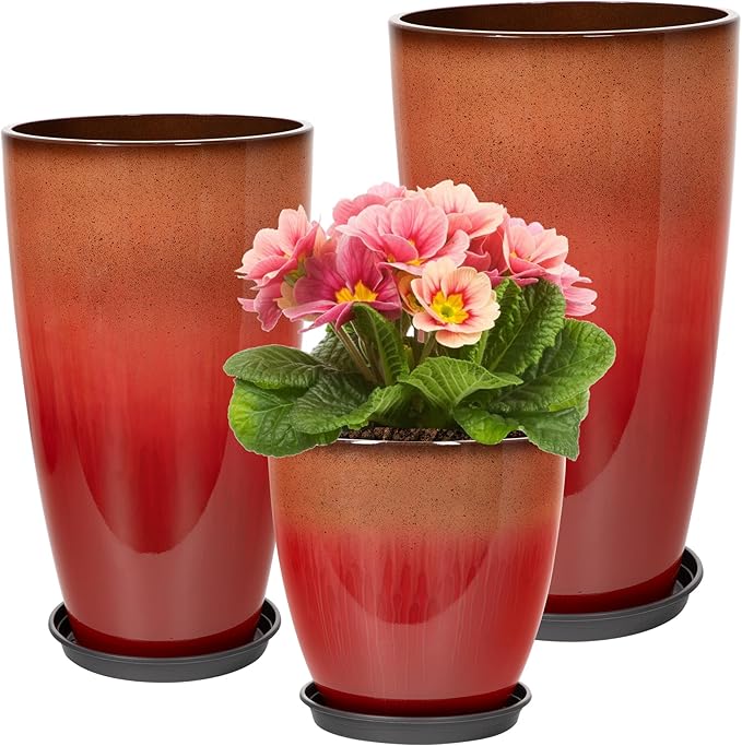 Neoaider Set of 3 Tall Planter, 24/21/12in Large Plastic Planter, Firey Red | Ceramic-Look, Lightweight, Built-in Drain Hole, Saucers, Tall Outdoor Planter for Porch, Garden, Patio, Balcony