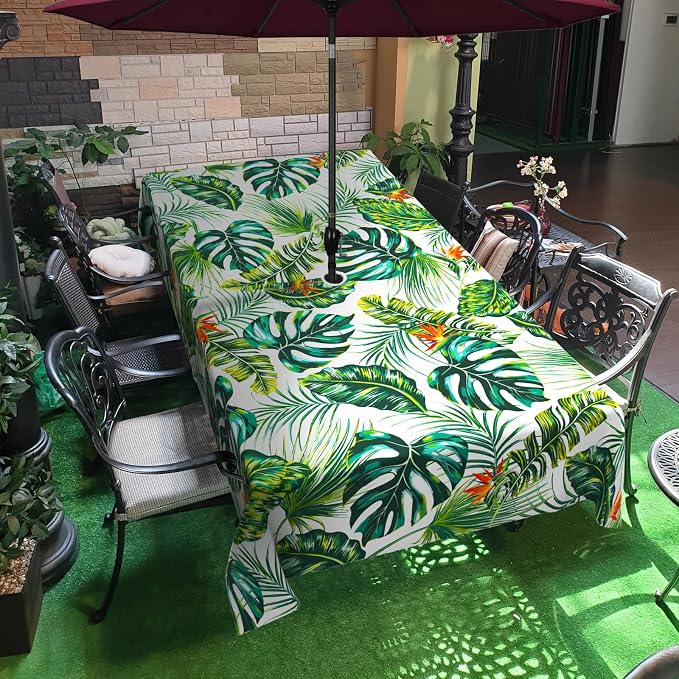 Green Leaves Outdoor Tablecloth with Umbrella Hole 60" x 120" Waterproof Zipper Table Cloth for Patio Table - Ideal Tablecloths for Picnics, Camping, and Yard Use
