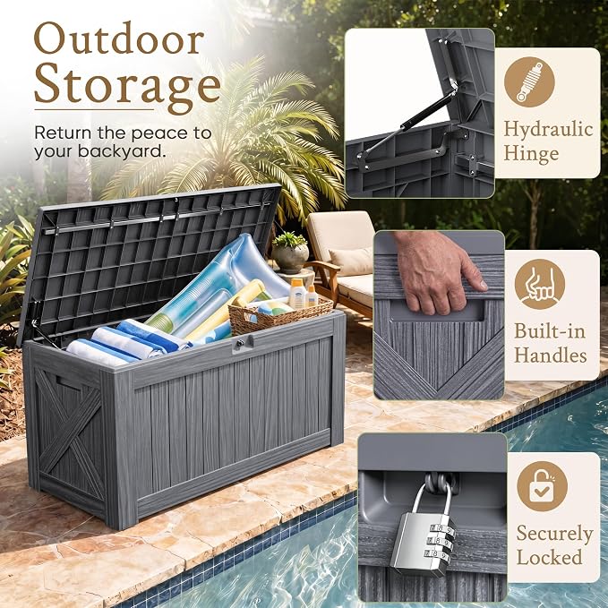 Devoko 120 Gallon Deck Box Resin Outdoor Storage Box Waterproof for Patio, Large Outdoor Storage Bench Lockable for Outside (Grey)