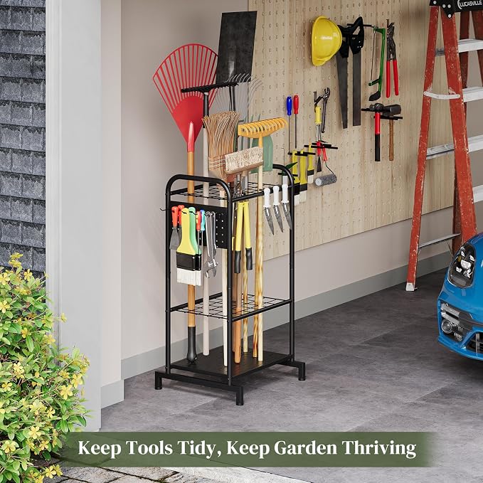 Garden Tool Organizer with Hooks Yard Tool Rack Heavy Duty Steel Yard Tool Organizer and Garden Storage Holder Broom Holder for Shed, Patio, Outdoor Indoor