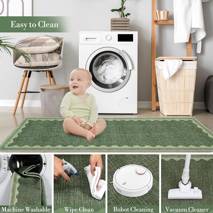 2x3 Scalloped Area Rugs Green Washable Entryway Bedroom Rug | Solid Small Area Rug Non Slip Scalloped Bath Mat, Front Door Mat Indoor Entrance,Soft Girls Nursery Dorm Carpet for Kitchen
