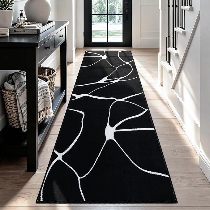 2x6 Washable Modern Black White Kitchen Runner Rug | Ultra-Thin Low Pile, Non-Slip TPE Backing, Soft Stain Resistant, Machine Washable, for Bedroom Livingroom High Traffic