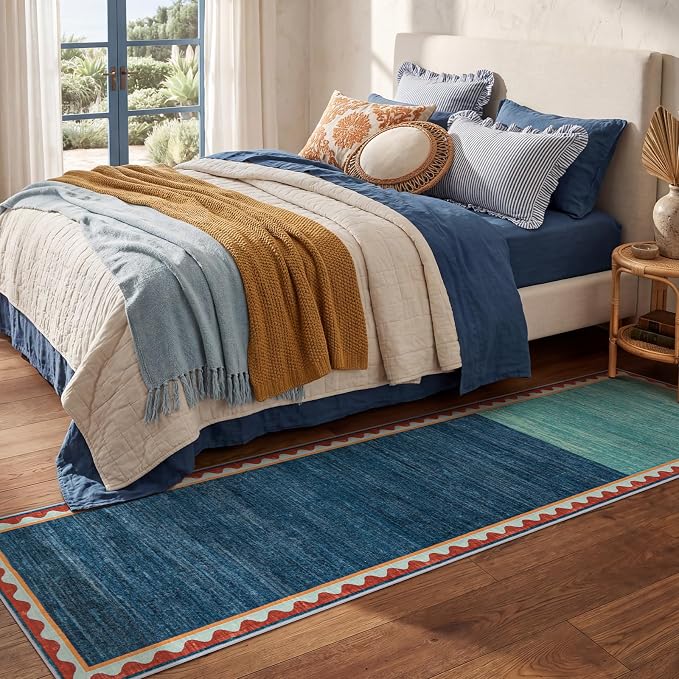 Mid-Century Washed Style Area Rug 2x8 Washable Carpet for Living Room, Non-Slip Low Pile Soft Rug for Bedroom, Kitchen, Entryway, Retro Teal