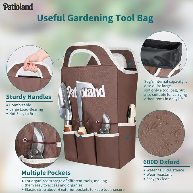 Brown Gardening Sets 26-Piece, Gardening Kit with Non-Slip Ergonomic Handle, Storage Handbag, Gardening Gloves, Apron and Repotting Mat, Gardening Gift for Women Men