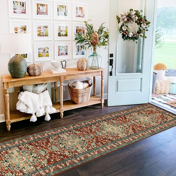U'Artlines 2' x 14' Boho Hallway Runner Rug, Washable Carpet, Rust＆Teal | Non Slip, Vintage Farmhouse Accent Area Rug Carpet, for Kitchen Entryway Laundry and Living Room