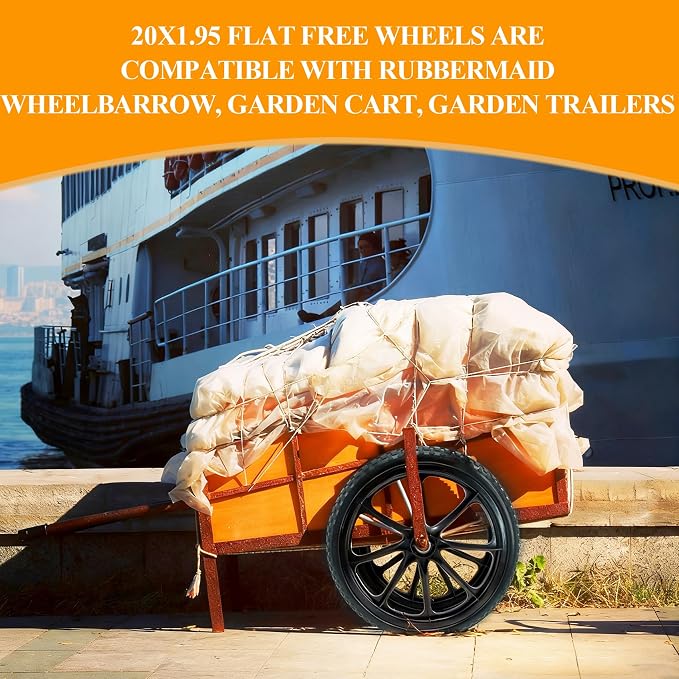 20” Flat Free Wheelbarrow Wheels and Tires, with 2.45” Centered Hub, 5/8” Extra 3/4”Bearing, Compatible with Rubbermaid Wheelbarrow wheels, Garden Carts (2 pcs) (black)