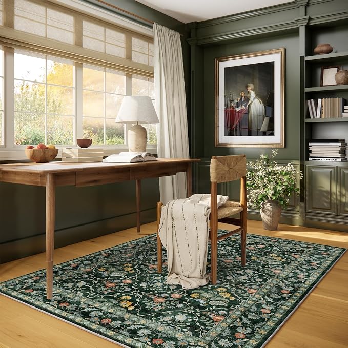 Vintage Botanical Dark Green Area Rug 4x6 Elegant Floral Pattern, Durable Stain-Resistant Fabric, Perfect for Living Room, Bedroom, Dining Room Decor