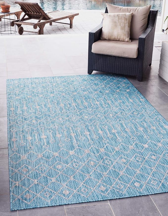 Unique Loom Outdoor Trellis Collection Area Rug - Tribal Trellis (6' 1" x 9' Rectangle, Aqua/ Ivory)
