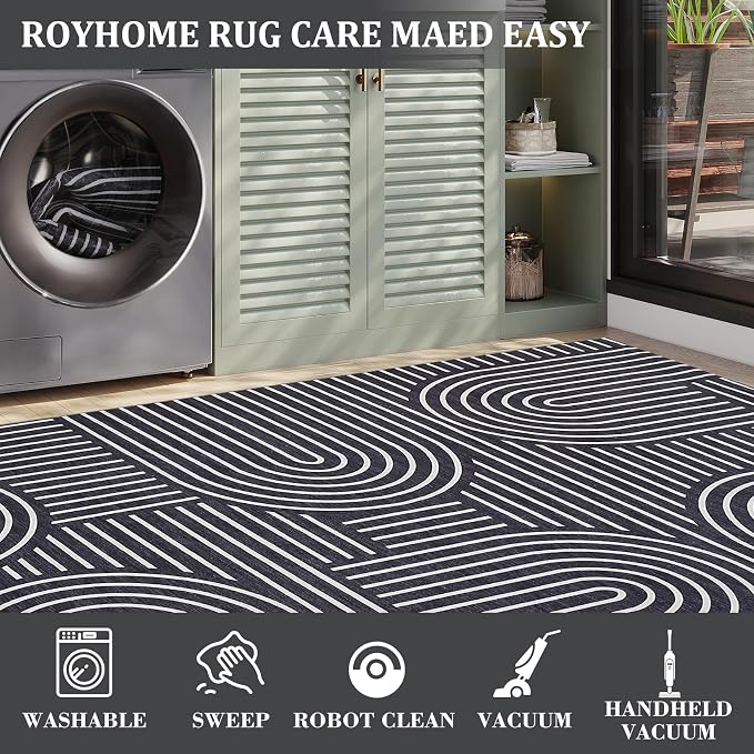 ROYHOME Modern Washable Rug 9x12 Area Rugs for Living Room Non Slip, Black | Abstract Rug for Bedroom, Rainbow Throw Rugs with Rubber Back, Low Pile Stain Resistant Boho Geometric Carpet for Dining Room