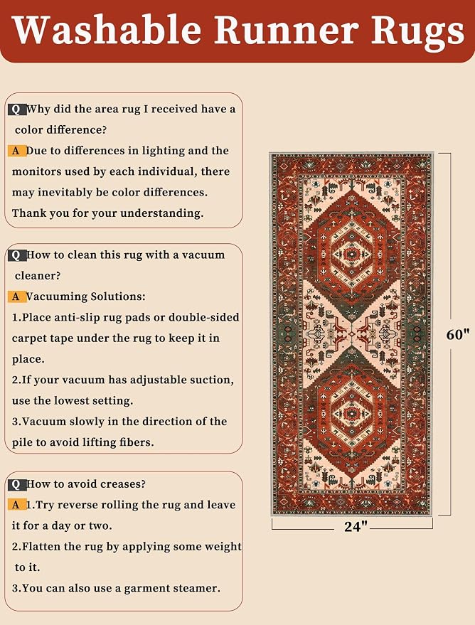 SERISSA 2x5 Washable Non Slip Boho Runner Rug for Hallway | Ultra Soft Vintage Oriental Carpet Low-Pile Terracotta Green Floor Carpet for Kitchen Bedroom Bathroom Laundry Living Room