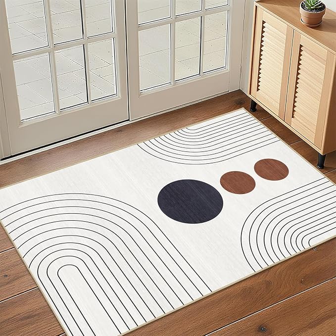Boho 2x3 Rug for Entryway Modern Geometric Abstract Area Rug Ivory Cream Mid Century Modern Machine Washable Door Mat Contemporary Non-Slip Printed Low-Pile Floor Carpet Kitchen Bathroom Laundry
