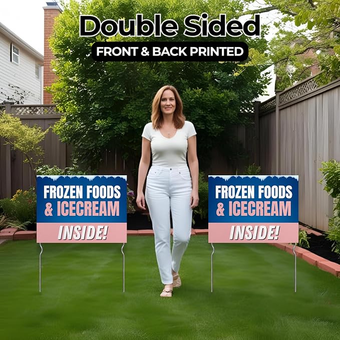 Frozen Foods & Ice Cream Inside! Yard Sign by DC | 24"x18" Double Sided Conv. Store Garden Sign with 13” Metal Stakes | Outdoor Signs Waterproof for Lawn, Patio, Sidewalk & House | Set of 1
