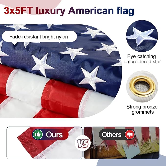 Flag Pole Kit with 3x5 US Flag - Includes 5ft Heavy Duty Tangle Free Flagpole,Weather Resistant 3x5 Embroidered American Flag,Aluminum Holder Bracket,for Outside House,Porch,Outdoor