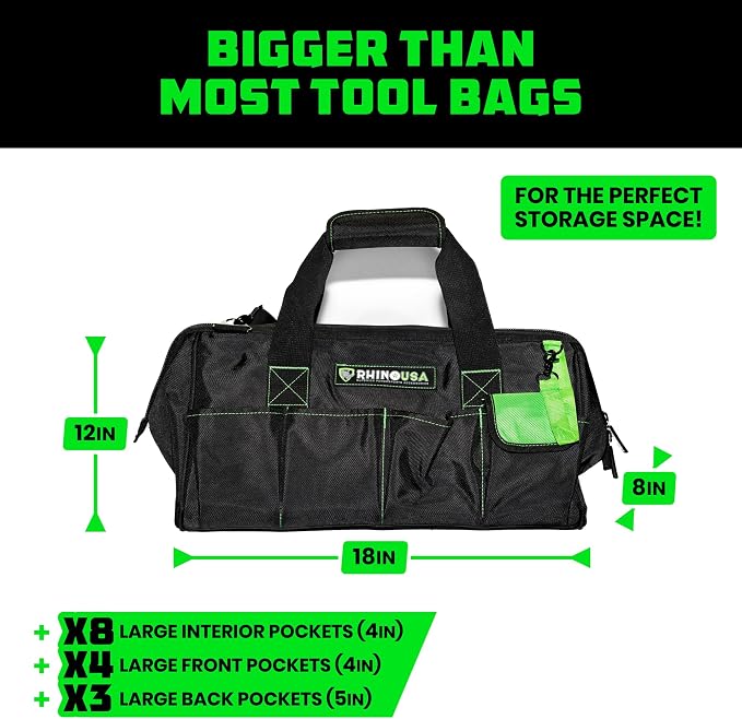 Rhino USA Tool Bag (18-Inch) Heavy Duty Wide Mouth Tool Tote with Zipper for Men - Large Tools Bags with Extra Side Storage Pockets, Reinforced Shoulder Strap & Upgraded Metal Clips (Black)