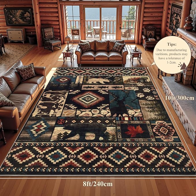 LOKHOM 8x10 Rustic Bear Area Rug, Washable Southwestern Lodge Cabin Rug | Bear Pattern, Non-Slip, Low Pile, Soft Vintage Wildlife Accent Floor Carpet, For Living Room Bedroom Dining Room Nursery