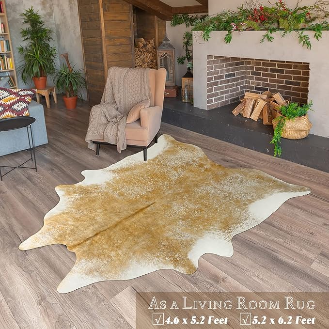 Faux Cowhide Rug 4x5 ft, Washable Non Slip Animal Print Area Rug, Khaki Brown Cow Hide Shaped Carpet for Living Room Bedroom Office Fireplace, Rustic Western Farmhouse Decor Cruelty Free