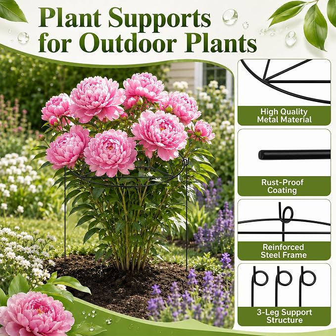 Coolrunner 8 Pack Peony Cages & Supports,12" D x 16" H Plant Support Rings | Heavy Duty Metal Peony Support Cage with 3 Legs, Plants Support Cage for Flower Strawberry Rose Hydrangeas, Heavy Blooms