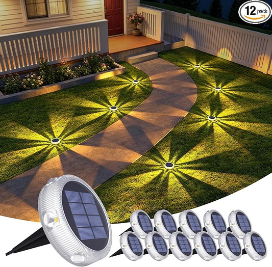 YiLaie 12Pack Solar Ground Lights Outdoor,IP68 Waterproof Solar Powered Garden Lights,Stick & Stake Pathway Light,Unique Glow Flat Solar Lights for Backyard Deck Patio Driveway Walkway, Warm White