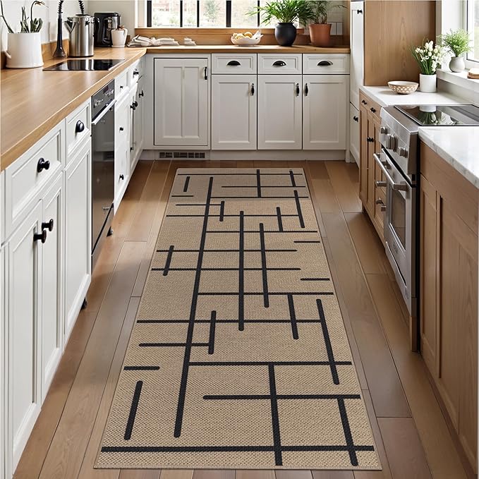 Tangsoo Easy Jute Rug 2x6 Washable Non-Slip Runner for Hallways,Kitchen Thin Farmhouse Stripe Carpet Modern Indoor Outdoor Runner Door Mat for Porch Laundry Bedroom Entryway