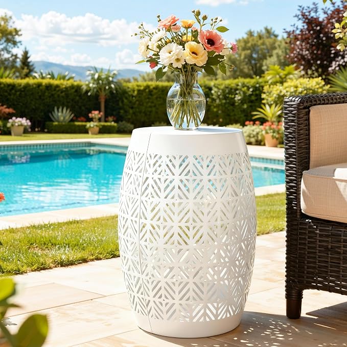 18" Cutout Metal LED Outdoor Side Table, Modern Drum Accent Table | Versatile Decorative Table with 3-Mode LED Lights,Use as Coffee Table, Garden Stool, Nightstand for Patio, Living Room
