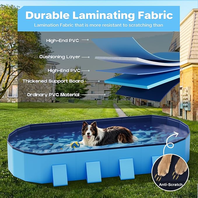 Raxurt Foldable Dog Pool, 82'' Extra Large Dog Pool for Large Dogs with Non-Slip & Reinforced Support Boards, Portable Pet Bath Tub for Outdoor Backyard Use
