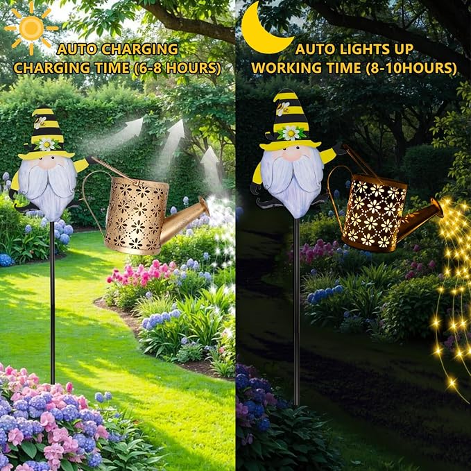 Solar Watering Can with Cascading Lights Outdoor Garden Decor, Gnome Shaped Hook Gardening Gifts for Mom Women Grandma Birthday, Solar Lights for Garden Decorations Patio Yard Lawn Backyard