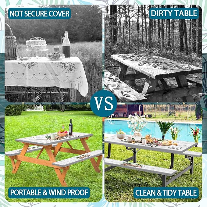 Picnic Table with Bench Covers 3 PCS Set, Pink Leopard Floral Camper Waterproof Windproof, Elastic Fitted Tablecloth with Drawstring Bag for Camping BBQ RV Trip Outdoor Party, 30X60 inch