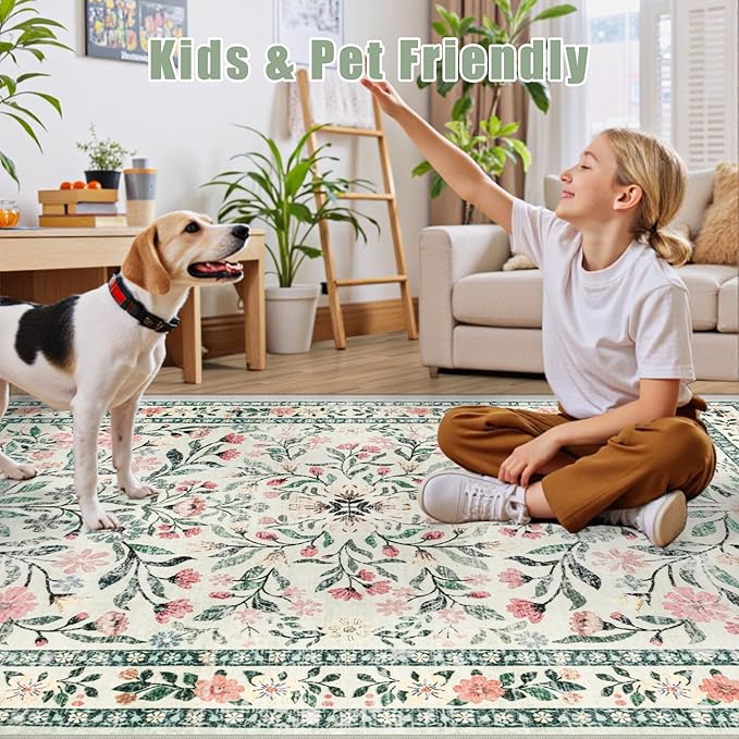 PLHXFR 8x10 Area Rug Living Room: Floral Washable Boho Carpet Green Beige | For Bedroom Dining Room Farmhouse Nursery Hallway,Vintage Floral,Machine washable,Non Slip,Stain Resistant,Large Indoor