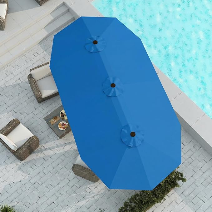15FT Large Patio Umbrella with Base Included, Double Sided Outdoor Market Umbrella with Flexible Fiberglass Ribs, UV-Blocking Extra Large Umbrella for Garden, Pool, Deck, Royal Blue