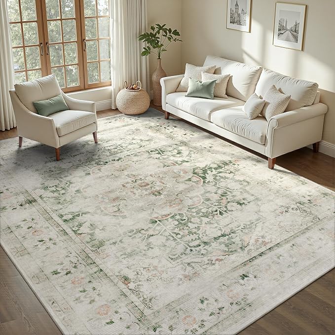 DCX Washable 8x10 Green Rug Stain Resistant Distressed Vintage Rug | Kid & Pet Friendly with Rubber Back Non Slip Soft Low Pile Large Carpet for Living Room, Bedroom, Home Office