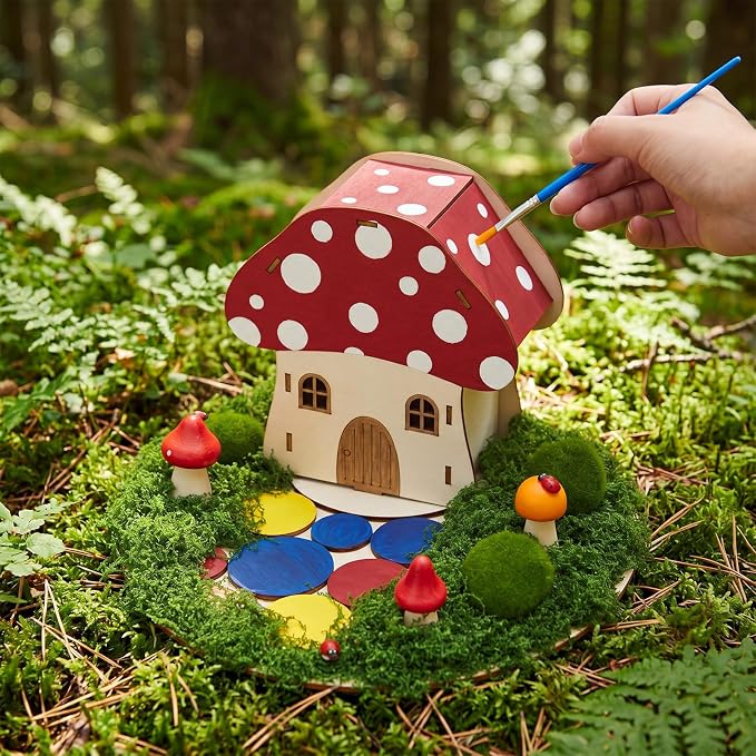 Kathfly 2 Sets Wooden Fairy House DIY Craft Kit for Kids with Paints & Decorations,Unpainted Miniature Garden Accessories for Home Event Party Decorations, Arts Birthday Party Favor (Mushroom Houses)