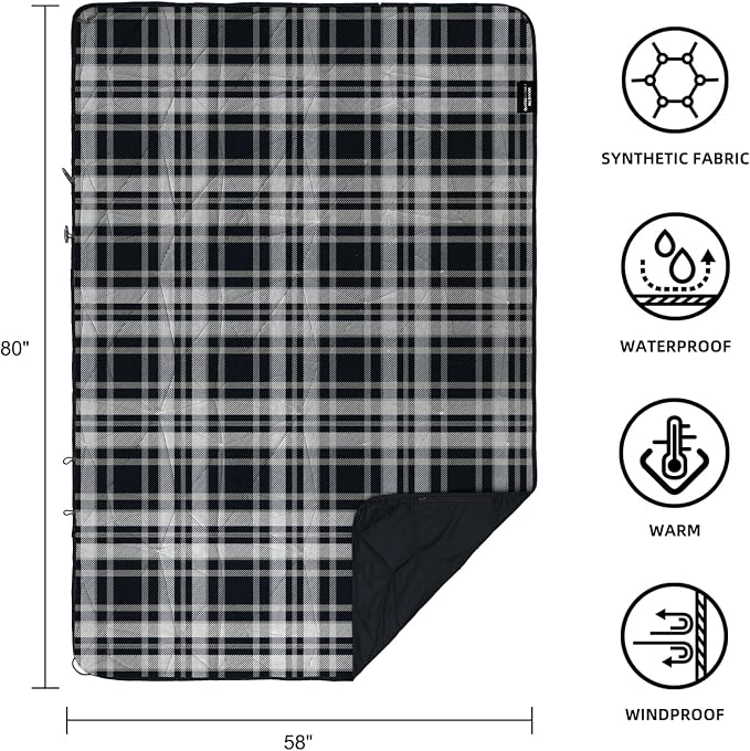 Large Waterproof Outdoor Blanket Thick Fleece 80" x 58" | Windproof Stadium Blanket, Wearable Poncho, Machine Washable for Camping, Car, Pet, Picnics - Black Check