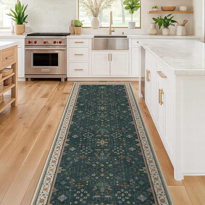 Vintage 2x7 Washable Runner Rug Non Slip for Kitchen, Bathroom, Hallway - Low Pile Stain Resistant 7ft Long Runner Rugs - Victorian Eclectic Floral Pastel Home Decor (2x7 Dark Green)