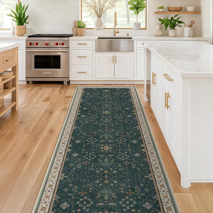 Vintage Dark Green 2x10 Hallway Runner Rug - Modern Boho Eclectic Floral Pastel, Washable Low Pile Non-Slip Extra Long Runner Rugs for Kitchen, Bedroom