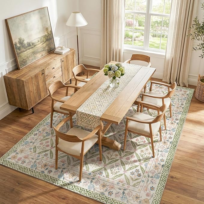 jinchan 8x10 Vintage Floral Washable Large Living Room Area Rug, Sage Green | Soft & Lightweight, Checkered Floral, Low Pile, Non Slip, Bedroom, Dining Room, Girls Room, Home Office, Cottage Decor