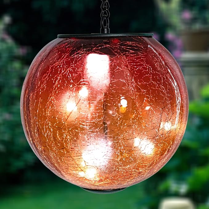 Mosaic Solar Hanging Lantern Orange Glass Outdoor Waterproof Solar Lights | Hanging Solar Lights for Outside, Cracked Mosaic Ball Lights Solar Powered Waterproof Garden Lights Housewarming Gifts